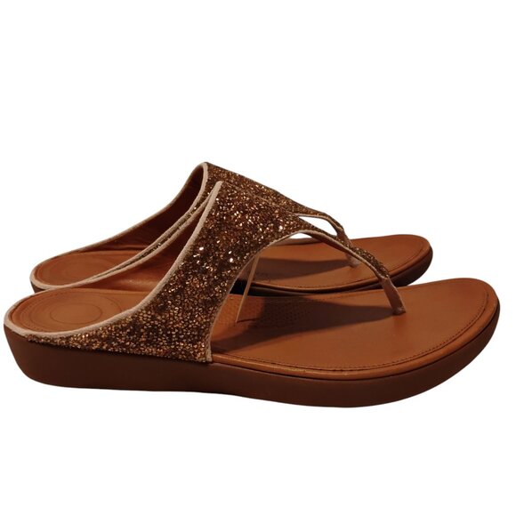 FitFlop Like New Sandals Rose Gold Copper Crystal Glitter Thongs Post Leather 8 - Picture 1 of 11
